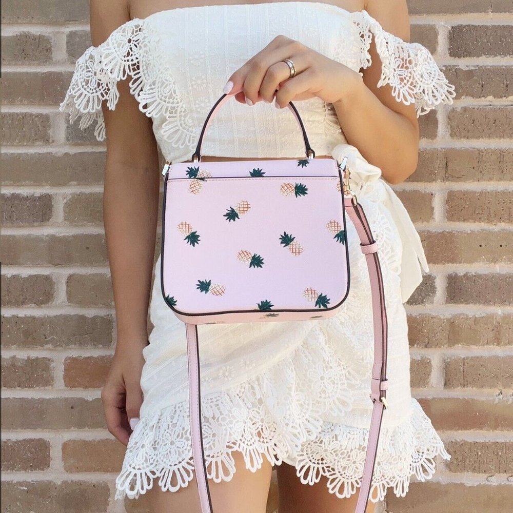 Kate Spade Colada Staci Pineapple Square Flap Crossbody Top Handle Pink Multi - Picture 6 of 8